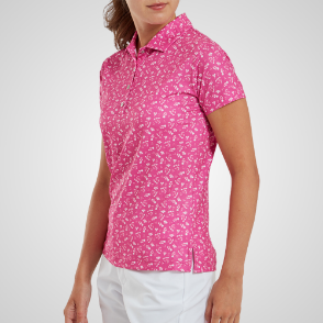 Model wearing FootJoy Ladies Floral Print Lisle Pink Golf Polo Shirt Front View