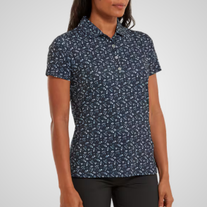 Model wearing FootJoy Ladies Floral Print Lisle Navy Golf Polo Shirt Front View