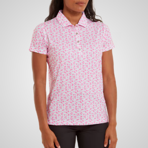 Model wearing FootJoy Ladies Floral Print Lisle White & Pink Golf Polo Shirt Front View
