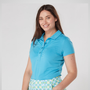 Model wearing Swing Out Sister Ladies Lisa Blue Golf Polo Shirt Front View