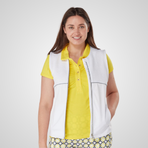 Model wearing Swing Out Sister Ladies Lisa Sunshine Golf Polo Shirt Front View