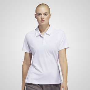 Model wearing adidas Ladies Ultimate Heat.Rdy White Golf Polo Shirt Front View