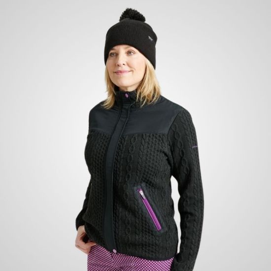 Model wearing Abacus Ladies Adare Midlayer Black Golf Jacket Front View