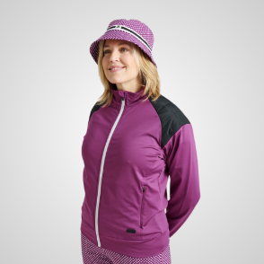 Model wearing Abacus Ladies Hoylake Thermo Zip Violet Golf Midlayer Front View