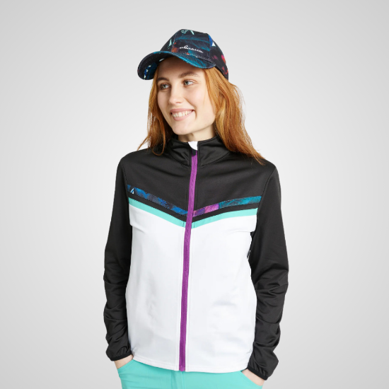 Model wearing Abacus Ladies Sherwood Full-Zip Violet & White Golf Fleece Front View