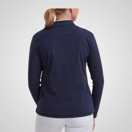 Model wearing FootJoy Ladies Jersey Knit Navy Golf Mid Layer Back View