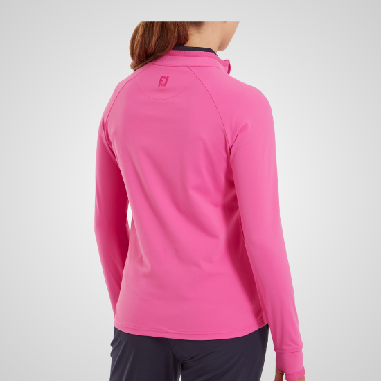 Model wearing FootJoy Ladies Jersey Pink Golf Mid Layer Back View