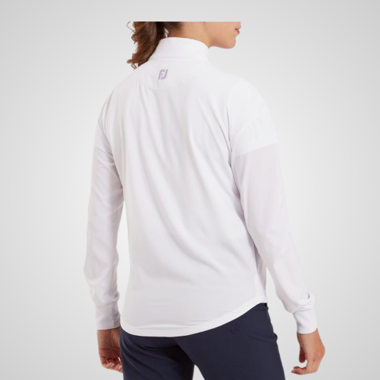 Model wearing FootJoy Ladies Woven White Golf Mid Layer Back View