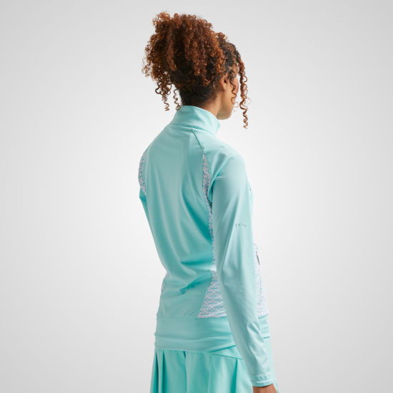 Model wearing PING Ladies Harby Printed Blue Golf Mid Layer Back View