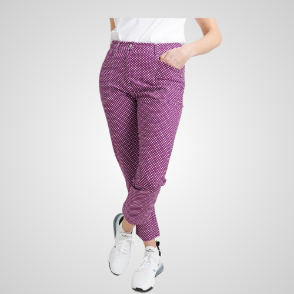 Model wearing Abacus Ladies Merion 7/8 Violet Check Golf Trousers Front View