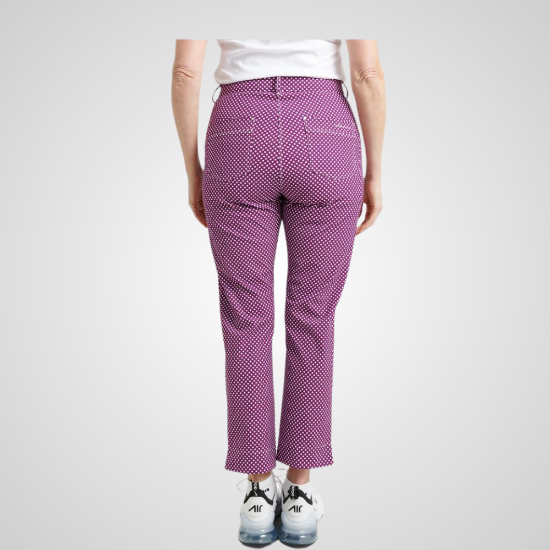 Model wearing Abacus Ladies Merion 7/8 Violet Check Golf Trousers Back View