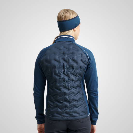 Model wearing Abacus Ladies Grove Hybrid Blue Golf Jacket Back View