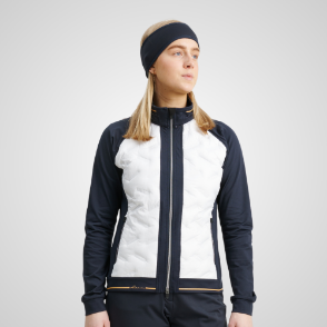 Model wearing Abacus Ladies Grove Hybrid White Golf Jacket Front View