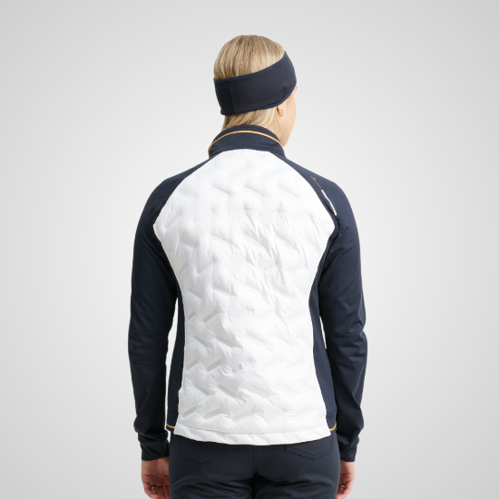 Model wearing Abacus Ladies Grove Hybrid White Golf Jacket Back View