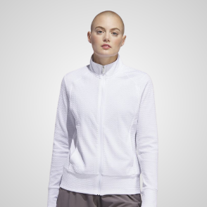 Model wearing adidas Ladies Ultimate Textured White Golf Jacket Front View
