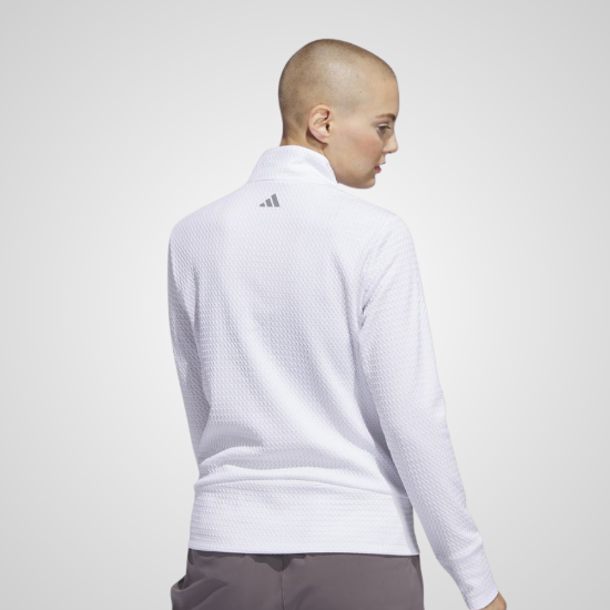 Model wearing adidas Ladies Ultimate Textured White Golf Jacket Back View