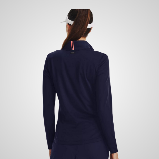 Model wearing Under Armour Ladies Playoff 1/4 Zip Navy Golf Pullover Back View