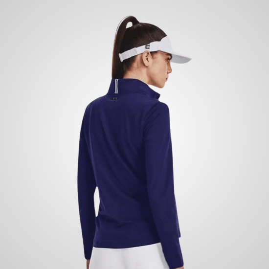 Model wearing Under Armour Ladies Playoff 1/4 Zip Blue Golf Pullover Back View