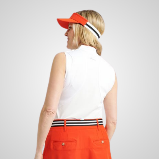 Model wearing Abacus Ladies Simone Drycool Sleeveless Poppy Red & White Polo Shirt Back View