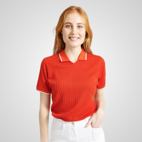 Model wearing Abacus Ladies Sand Halfsleeve Poppy RedGolf Polo Shirt Front View