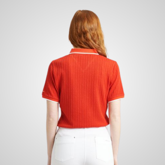 Model wearing Abacus Ladies Sand Halfsleeve Poppy RedGolf Polo Shirt Back View