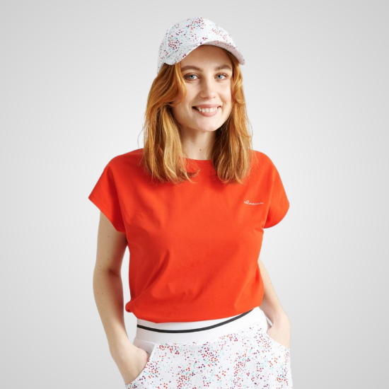 Model wearing Abacus Ladies Ives Cupsleeve Red Golf Polo Front View