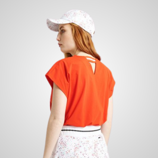 Model wearing Abacus Ladies Ives Cupsleeve Red Golf Polo Back View