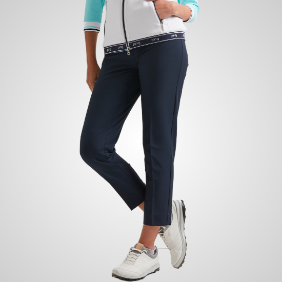 Model wearing PING Ladies Vic 7/8th Navy Golf Trousers Front View
