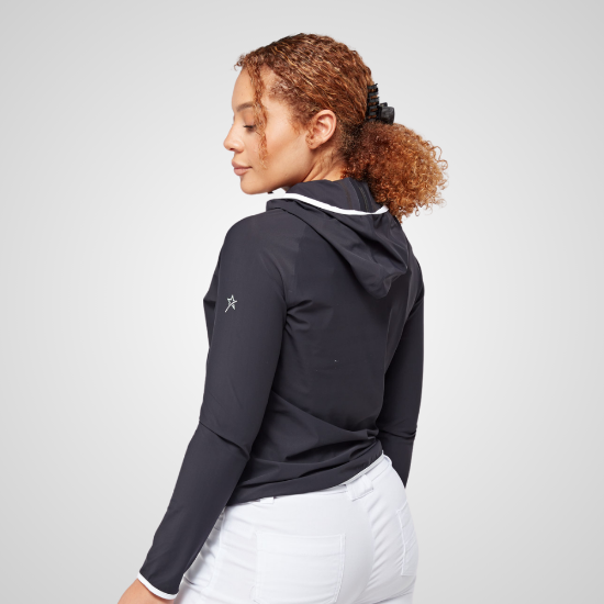 Model wearing Swing Out Sister Ladies Panther Elite Navy Golf Jacket Back View	