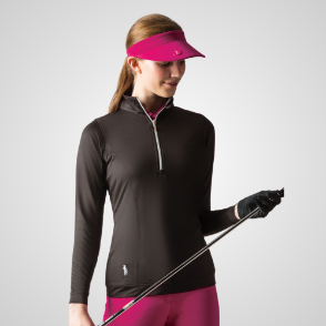 Model wearing Glenmuir Ladies Carina Black Golf Midlayer Front View