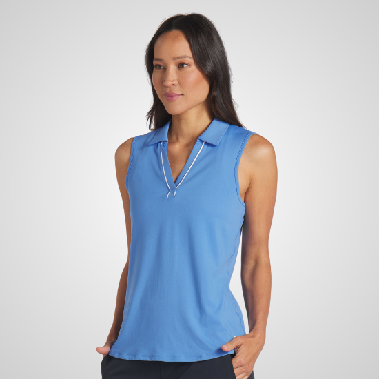 Model wearing Puma Ladies Cloudspun Piped SL Blue Golf Polo Shirt Front View