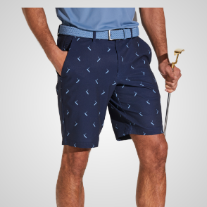 Model wearing PING Men's Swift Printed Navy Golf Shorts Front View