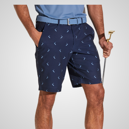 Model wearing PING Men's Swift Printed Navy Golf Shorts Front View