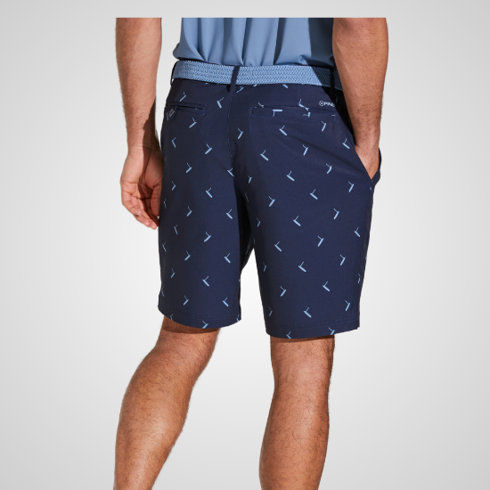 Model wearing PING Men's Swift Printed Navy Golf Shorts Back View