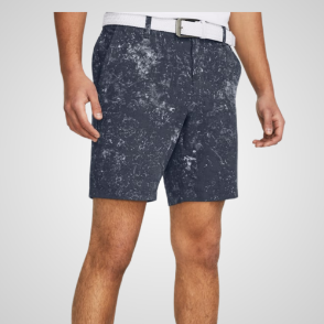 Model wearing Under Armour Men's Drive Printed Grey Golf Shorts Front View