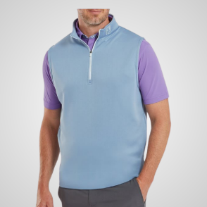 Model wearing FootJoy Men's 1/2 Zip Storm Grey Golf Vest Front View
