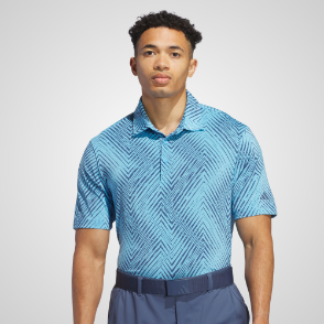 Model wearing adidas Men's Ultimate 365 Allover Print Blue Burst Golf Polo Shirt Front View