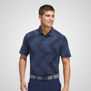 Model wearing adidas Men's Ultimate 365 Allover Print Navy Golf Polo Shirt Front View
