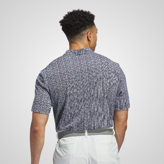 Model wearing adidas Men's Ultimate 365 Stripe Print Navy Golf Polo Shirt Back View