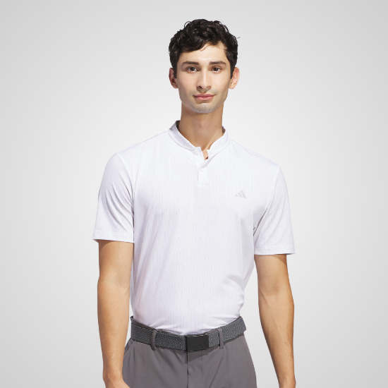 Model wearing adidas Men's Ultimate 365 Stripe Print White Golf Polo Shirt Front View