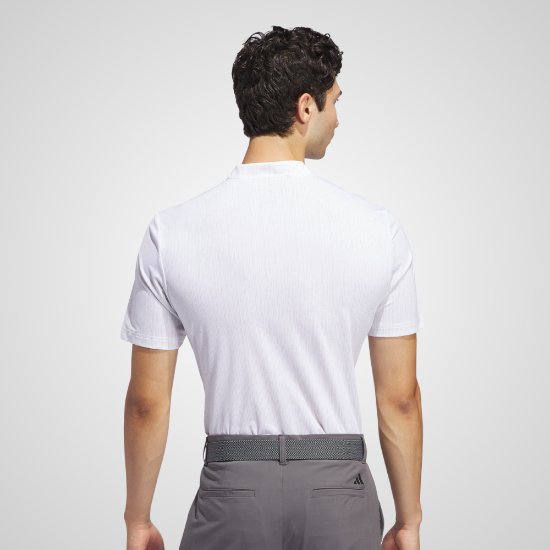 Model wearing adidas Men's Ultimate 365 Stripe Print White Golf Polo Shirt Back View