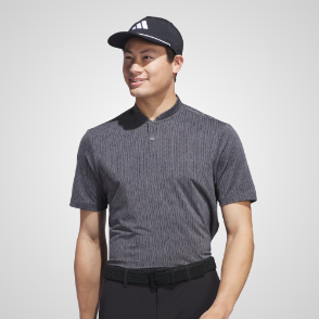 Model wearing adidas Men's Ultimate 365 Stripe Print Grey 6 Golf Polo Shirt Front View