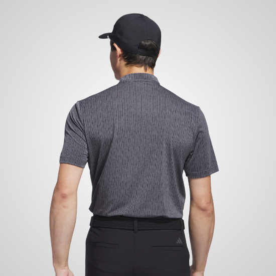 Model wearing adidas Men's Ultimate 365 Stripe Print Grey 6 Golf Polo Shirt Back View