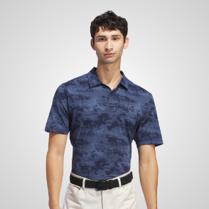 Model wearing adidas Men's Go To Print Mesh Collegiate Navy Golf Polo Shirt Front View