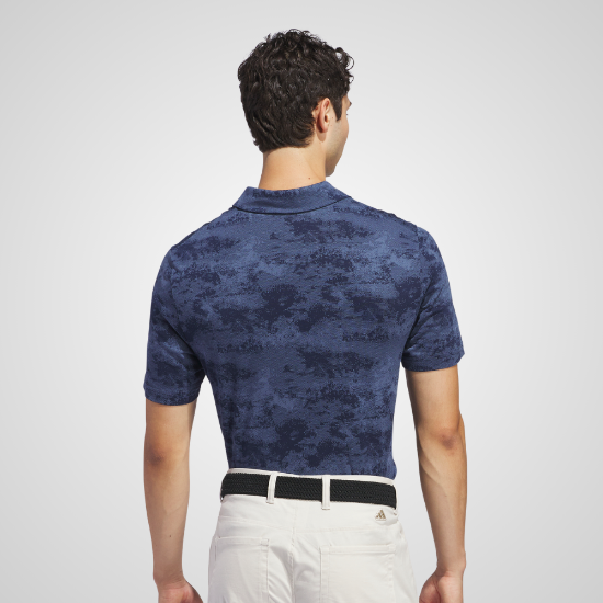 Model wearing adidas Men's Go To Print Mesh Collegiate Navy Golf Polo Shirt Back View