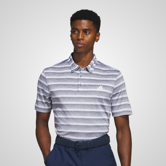 Model wearing adidas Men's Two Colour Stripe Grey 3 Golf Polo Shirt Front View