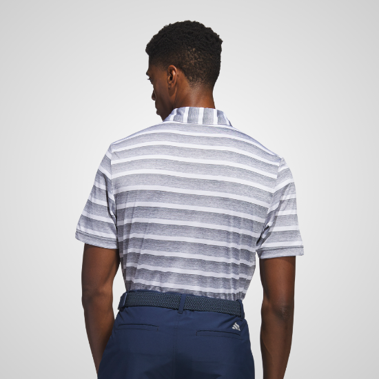 Model wearing adidas Men's Two Colour Stripe Grey 3 Golf Polo Shirt Back View
