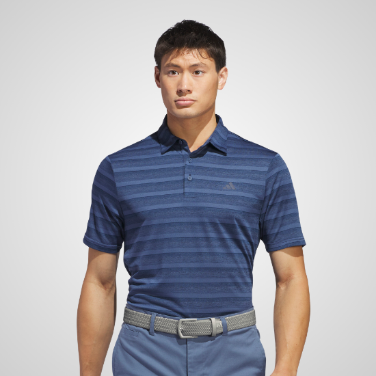 Model wearing adidas Men's Two Colour Stripe Navy Golf Polo Shirt Front View