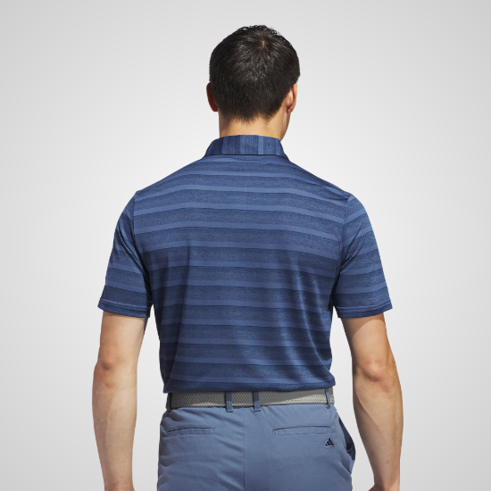 Model wearing adidas Men's Two Colour Stripe Navy Golf Polo Shirt Back View