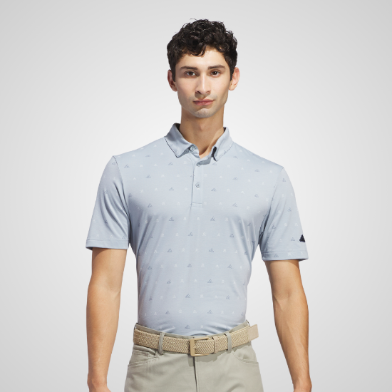 Model wearing adidas Men's Go To Print 2 Light Grey Golf Polo Shirt Front View